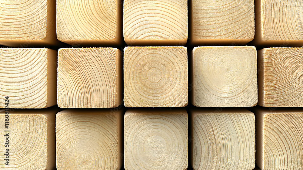 Poster close-up view of neatly arranged square wooden blocks, showcasing the intricate wood grain patterns.