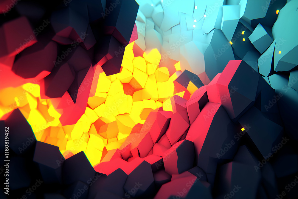 Poster abstract vibrant 3d polygonal art; multicolored fractured geometric shapes; dynamic energy; glowing 