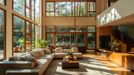 Fototapeta premium Sunlit modern living room, forest view, luxury home interior design