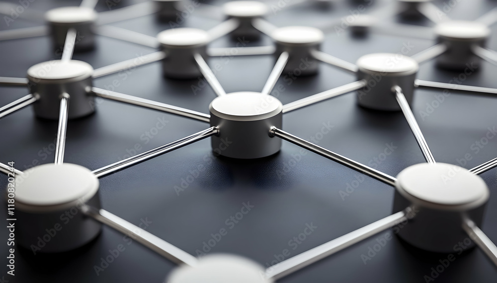 Aufkleber abstract network connection concept image; silver nodes linked by metallic bars on a dark background