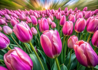 Naklejka premium Long exposure captures pink tulips' spring beauty.