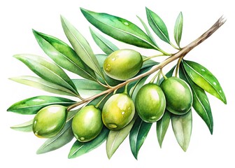 Lush Green Olive Branch Watercolor Painting - High-Resolution Art Print