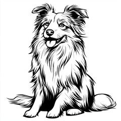 Fototapeta premium Simple line drawing of a Shetland Sheepdog full body on a white background,