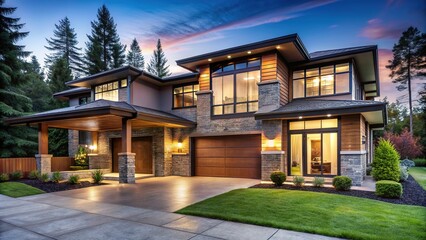Obraz premium Luxurious Northwest Modern Home Exterior Design - Low Slope Roof, Brown Siding, Glass Garage Door