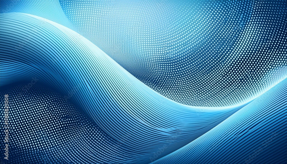 Poster abstract background made of halftone dots and curved lines in light blue colors. generated image