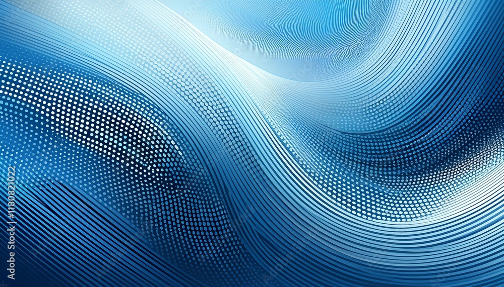 Poster abstract background made of halftone dots and curved lines in light blue colors. generated image