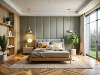Minimalist Grey Beige Bedroom 3D Rendering