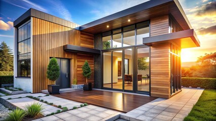 Modern House Exterior Design: Black Aluminum Doors, Wooden Panels, Glass Windows