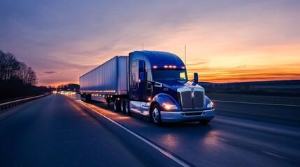 Futuristic Electric Semi-Truck Speeding on Highway at Sunset, Symbolizing Sustainable Logistics and Renewable Energy