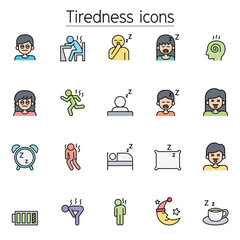 Tiredness, sleepy icons set in thin line style