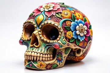 Ornate Skull Sculpture with Floral Carvings - Miniature Gothic Souvenir