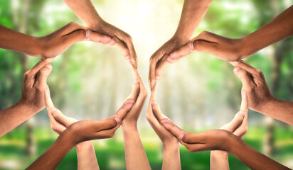 Symbol and shape of circle created from hands. Group Unity and diversity partnership as hands...