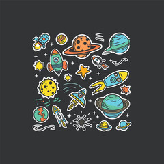 Set of outer space doodle art design vector template illustration