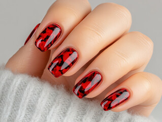 Elegant Woman's Short Square Nails in Painted Tortoiseshell Design, Showcasing Vibrant Colors on Cozy Background with Soft Knit Sweater