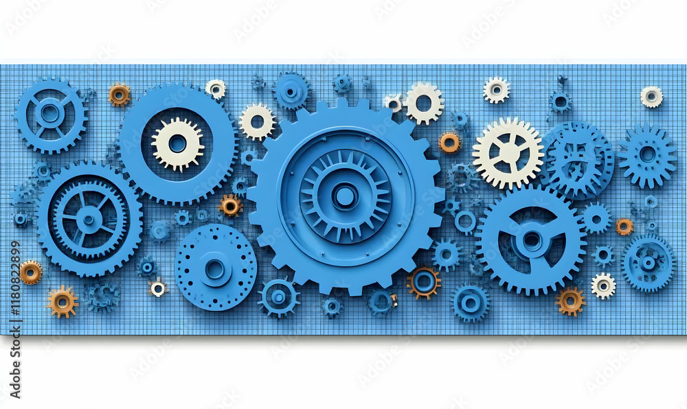 Poster intricate network of blue and beige cogs on a technical blueprint background, representing teamwork,