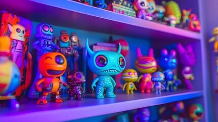 Vibrant Display of Colorful Toy Figures on a Shelf Showcasing a Diverse Collection of Playful Characters Evoking Joy and Imagination in a Fun Setting