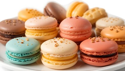 Fototapeta premium A delightful assortment of colorful macarons, meticulously arranged on a pristine white plate, showcasing their delicate textures and vibrant hues.