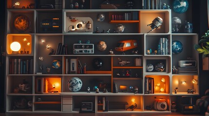 Bright and Cozy Room Featuring an Organized Shelf Filled with Diverse Objects Creating a Warm Inviting Atmosphere for Relaxation and Creativity