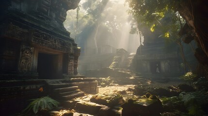 Majestic Ancient Tree Standing Proudly in Lush Green Jungle Surrounded by Vibrant Foliage and Sunlight Filtering Through the Dense Canopy Above