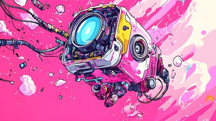 A Playful Robot Centered on a Vibrant Pink Background Evoking a Sense of Whimsy and Imagination in a Colorful and Modern Digital Art Environment