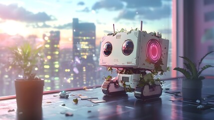 Intriguing Robot Companion Sitting on Modern Desk Surrounded by Lush Green Plant Creating a Harmonious Blend of Technology and Nature at Home Office