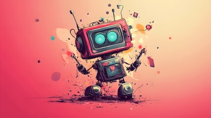 Futuristic Red Robot with Integrated Camera Capturing Images in an Engaging Urban Environment Showcasing Advanced Technology and Innovative Design Elements
