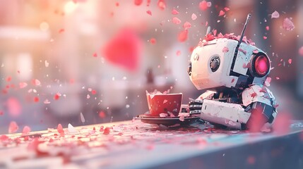 Futuristic Robot Sitting on a Table with a Laptop Displaying Data in a Modern Workspace Creating an Innovative Technology Atmosphere