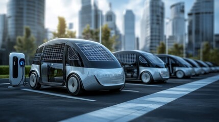 Eco-Friendly Urban Mobility: Futuristic Fleet of Solar-Integrated Electric Vehicles Amid Advanced Charging Infrastructure in Modern Cityscape
