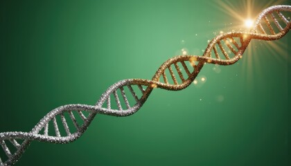 A glowing DNA double helix against a green backdrop represents the essence of life and scientific advancement for health and biotech publications or conference materials