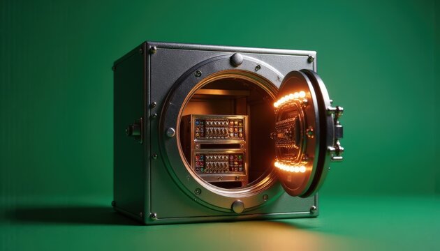 A miniature safe with an illuminated open door reveals internal technology, suggesting secure valuable data storage, suitable for tech conferences or cyber security advertising, - Powered by Adobe