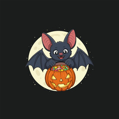 Fototapeta premium A cute cartoon bat holds a pumpkin filled with candy against a full moon background, perfect for Halloween.