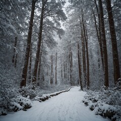 A path through a snow-dusted forest leading to a hidden mountain view.