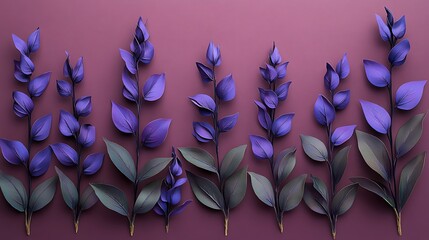 Fototapeta premium Purple Floral Branches Arranged Symmetrically Against Maroon Background