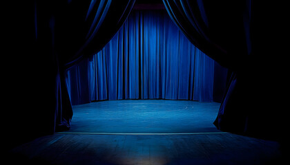 Dark blue velvet curtains frame an empty stage, creating a dramatic and mysterious atmosphere, perfect for theatrical or performance concepts.