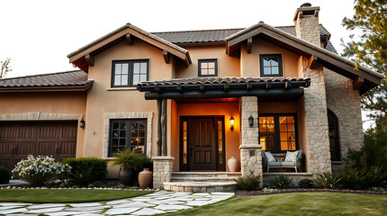 Fototapeta premium Two-Story Tan House with Covered Entryway and Landscaping