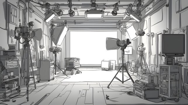 A detailed photography studio layout featuring a softbox light setup and camera equipment arranged for a professional shoot.