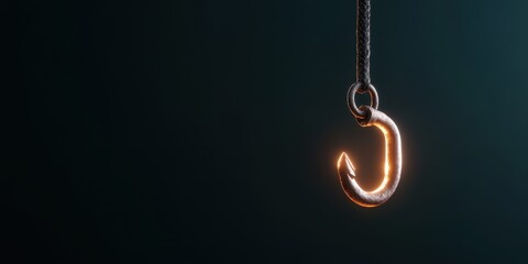 Glowing Metal Hook Hanging on Rope, Dark Background