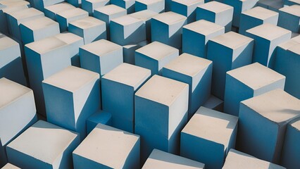 A panoramic backdrop consisting of textured square cubes with an abstract blue paint finish on concrete cement stone