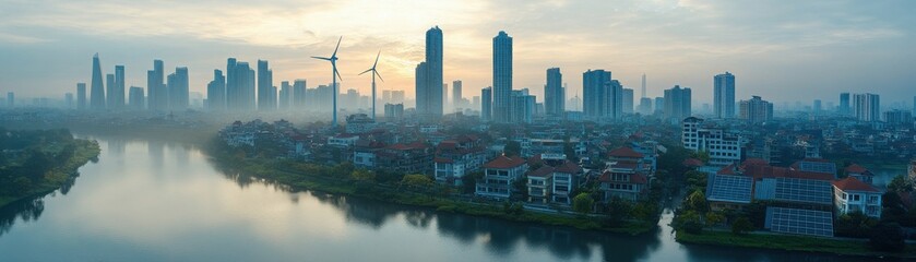 Fototapeta premium Urban skyline at dawn with wind turbines and river view