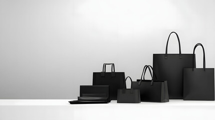 Shopping bags neatly arranged on a sleek counter, symbolizing the balance between consumerism and organization in modern retail environments.