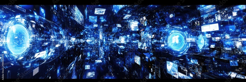 Poster a digital landscape showcasing interconnected data streams and technology.