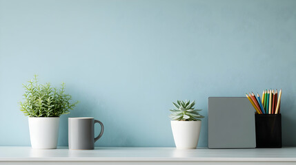Serene workspace scene featuring plants, a mug, and colored pencils against a tranquil blue background. Ideal for minimalist, home office, or blog imagery.
