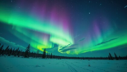 Naklejka premium Breathtaking Aurora Borealis over a Snowy Landscape