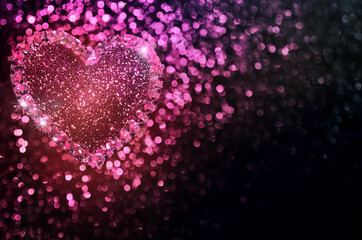 Fototapeta premium Cœur scintillant rose effet bokeh lumineux fond sombre, romantique Saint Valentin 14 février espace négatif copyspace.