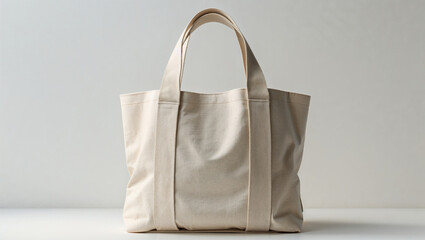 Beige canvas tote bag on white background.