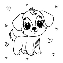 A cute puppy illustration, surrounded by hearts. Perfect for coloring activities, kids' art projects, or pet-related promotions.