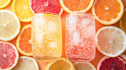 Refreshing citrus drinks with ice and bubbles surrounded by vibrant slices of lemon, orange, and grapefruit, summer mood