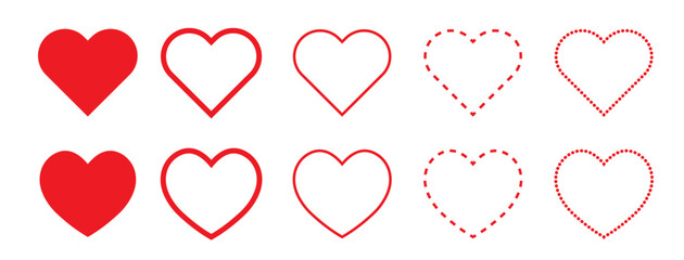 Hearts isolated on white. Hearts in linear and flat. Love icon. Valentines day signs or symbols. Vector illustration.