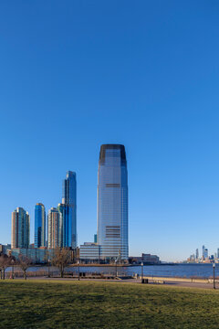 Exchange Place, New Jersey from Liberty State Park at spring with clear blue sky 2024. High quality photo