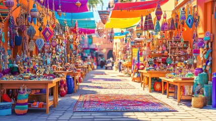 A vibrant market street filled with colorful crafts and decorations.
